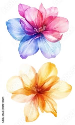 Abstract watercolor painted flowers, modern design. Gradient colored florals on white background