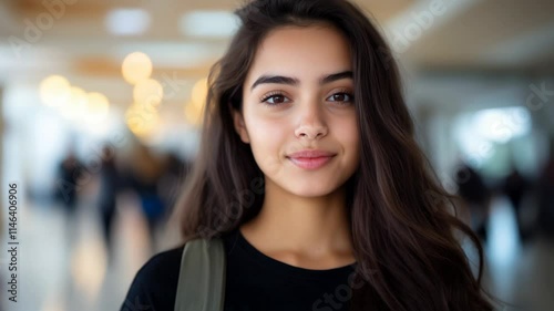 Wallpaper Mural Jeune étudiante brune souriante marchant dans son école. Young, smiling brunette student walking through her school.  Torontodigital.ca