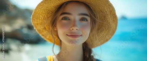 Portrait of a Smiling Young Woman Wearing a Straw Hat by the Ocean