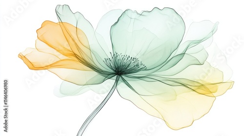 Abstract ethereal flower with translucent petals in teal, orange, and yellow gradients.
