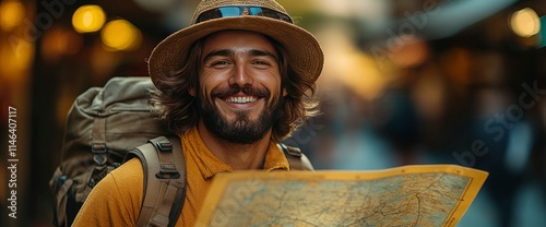 Happy Male Traveler with Backpack and Map in City Street