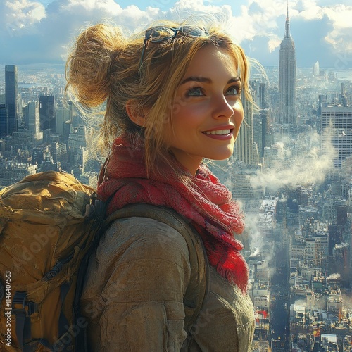 Young Woman Traveler Admiring the New York City Skyline