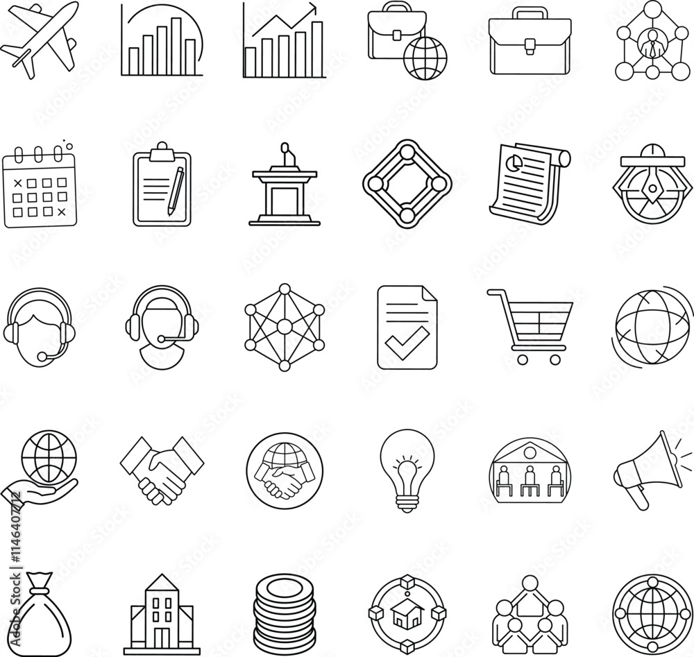 Global Business Icons Travel, Finance, Networking, and Communication Global Business Icons Travel, Finance, Networking, and Communication