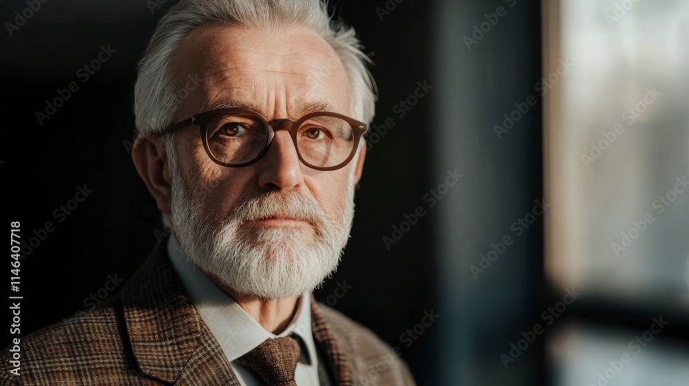Portrait of an Elderly Man with Glasses and Gray Beard, Wearing a Stylish Suit in a Dimly Lit Environment, Capturing Wisdom and Experience