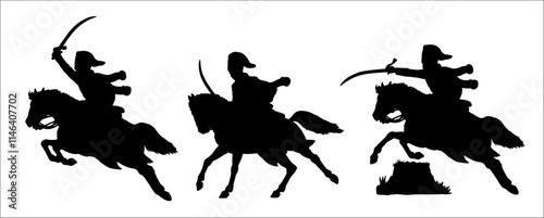 Light cavalry - french Hussar. Mounted soldier of the Napoleonic army. Historical cavalry vector drawing. Napoleonic cavalry in attack.	