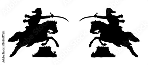 Light cavalry - french Hussar. Mounted soldier of the Napoleonic army. Historical cavalry vector drawing. Napoleonic cavalry in attack.	