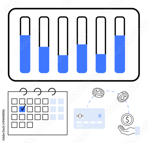 Bar chart with five bars, calendar with marked date, currency exchange symbols, and credit card. Ideal for finance, business planning, investment tracking, financial management, account planning