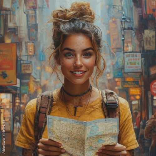 Young Woman Tourist with Map Exploring a Vibrant City Street