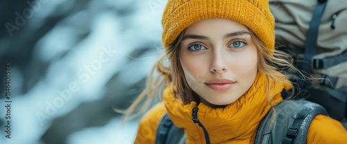 Adventurous Young Woman with Backpack in Snowy Landscape