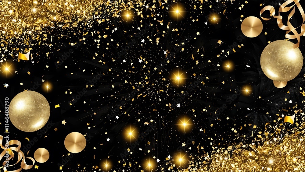Black and gold themed New Year celebration scene, featuring ornaments, party horns, and confetti spread along the left side on a dark background Black and gold themed New Year celebration scene, featuring ornaments, party horns, and confetti spread along the left side on a dark background