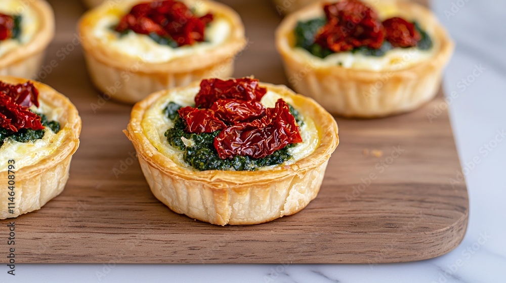 Delicious Sun-Dried Tomato and Pesto Tartlets on Wooden Board Delicious Sun-Dried Tomato and Pesto Tartlets on Wooden Board