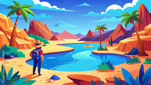 Viajero aventurero que descubre un exuberante oasis en el desierto, con palmeras, un lago cristalino y un terreno rocoso.
