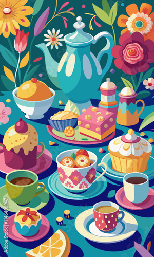 Beautiful vintage tea party with vintage teapots, floral linens, elegant cups, and an assortment of pastries and sandwiches.
