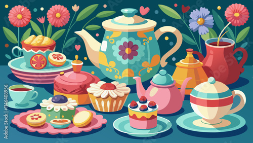 Beautiful vintage tea party with vintage teapots, floral linens, elegant cups, and an assortment of pastries and sandwiches.
