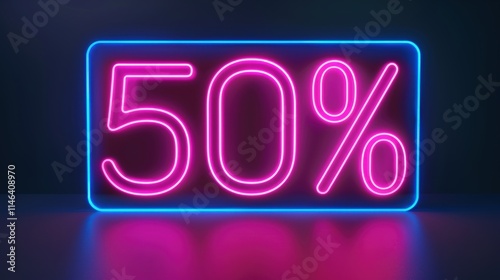 Glowing neon sign displaying 50% discount.