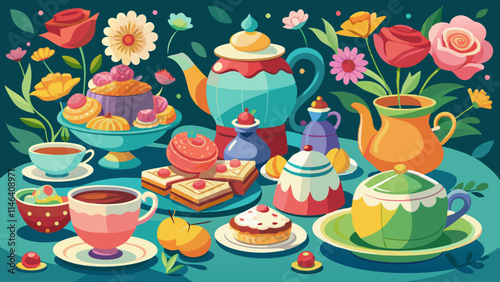 Beautiful vintage tea party with vintage teapots, floral linens, elegant cups, and an assortment of pastries and sandwiches.
