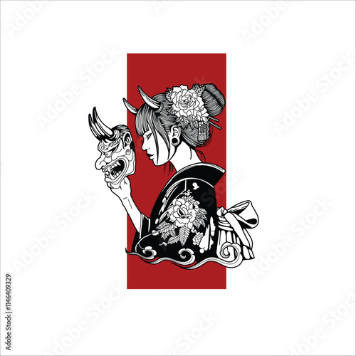 Japanese geisha in Oni mask hand drawn illustration artwork