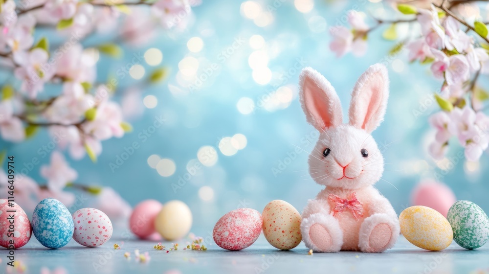 A charming stuffed rabbit is nestled among colorful Easter eggs, symbolizing the joy and festivity of the Easter season. A charming stuffed rabbit is nestled among colorful Easter eggs, symbolizing the joy and festivity of the Easter season.