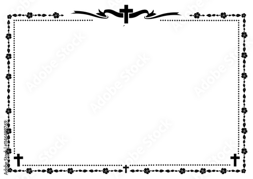 Obituary memorial lettering and floral ornament with cross isolated monochrome frame. Grief text with crucifix, flowers and leaves border, funeral inscription. Condolence message on gravestone
