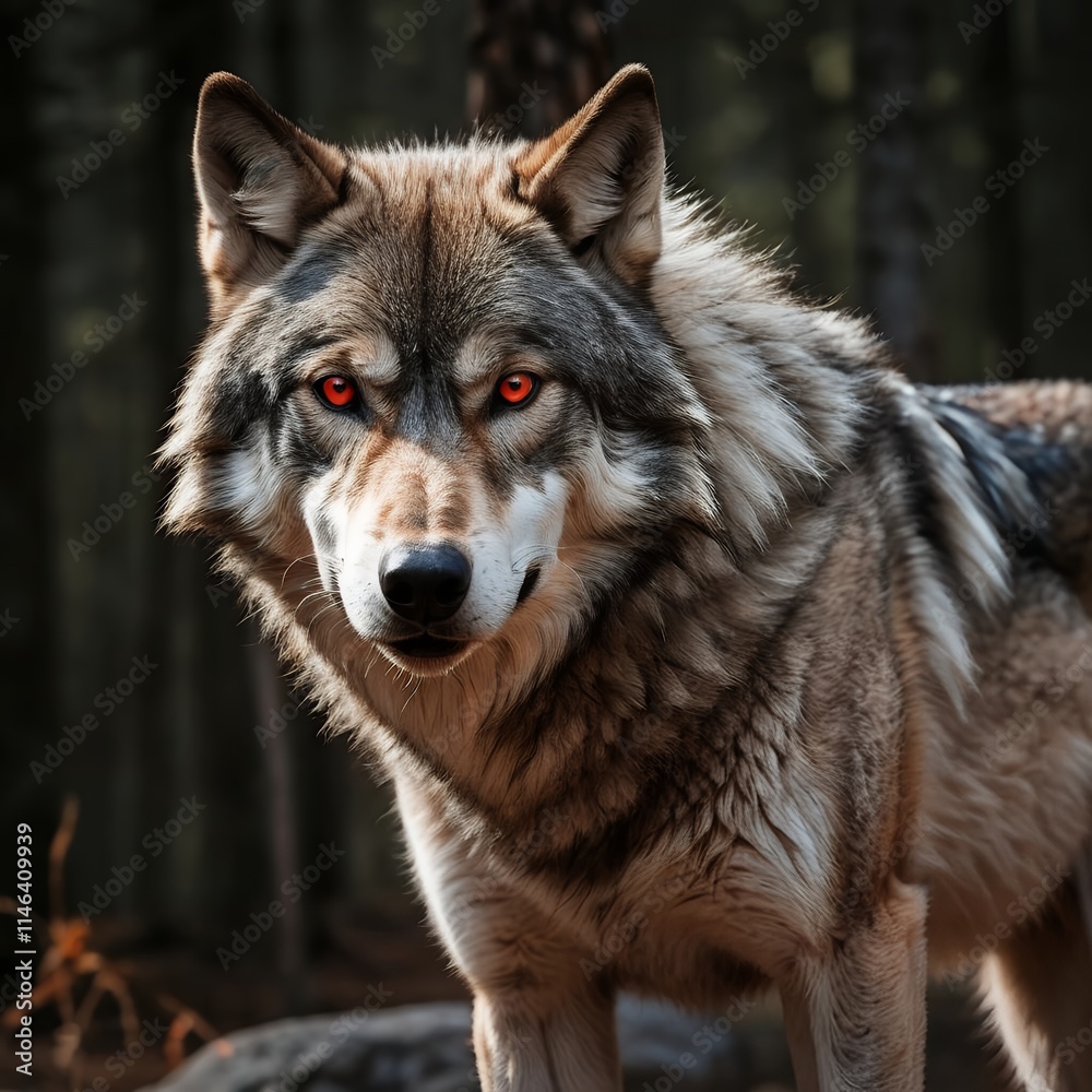 Obraz premium Intense Gray Wolf Portrait: Fierce Gaze, Glowing Eyes