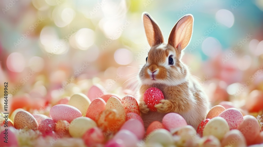 A cute rabbit rests amid colorful Easter eggs in a vibrant field, capturing the essence of the joyful holiday celebration. A cute rabbit rests amid colorful Easter eggs in a vibrant field, capturing the essence of the joyful holiday celebration.