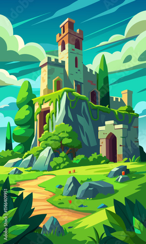 Historic castle ruins overgrown with ivy, surrounded by lush green landscape and clear sky with fluffy clouds. Ancient castle ruins with ivy in serene natural setting