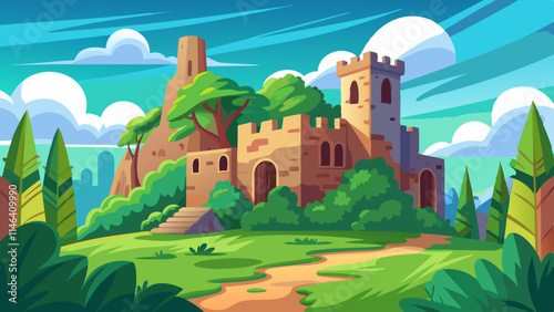 Historic castle ruins overgrown with ivy, surrounded by lush green landscape and clear sky with fluffy clouds. Ancient castle ruins with ivy in serene natural setting