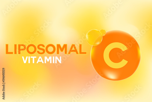 Liposomal vitamin C supplement product background with glowing 3D molecule icon or golden capsule, watercolor gradient banner with flowing bubbles splash. Great for nutrition, beauty promotion