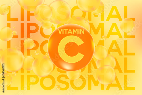 Liposomal vitamin C supplement product background with glowing 3D molecule icon or golden capsule, watercolor gradient banner with flowing bubbles splash. Great for nutrition, beauty promotion