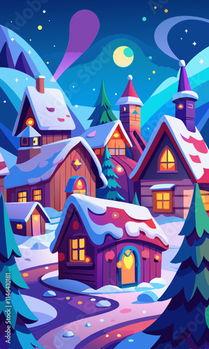 魔法の冬の村
雪の毛布に覆われた、魅力的な家、きらめく光、お祭りの装飾が施された趣のある冬の村のベクター イラストです。