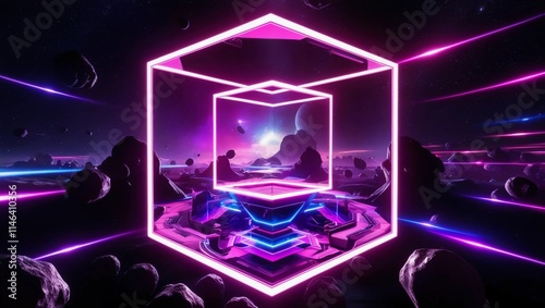 Virtual Reality space world in a block, cube effect. Video Game retro asteroid field. purple, pink and blue lights racing along a digital landscape