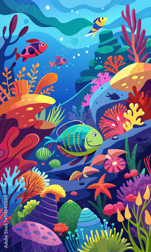 Underwater coral reef exploration with colorful fish, sea turtles, and vibrant plants in clear sunny ocean water. Marine life and exotic underwater flora illustration in a tropical sea.

