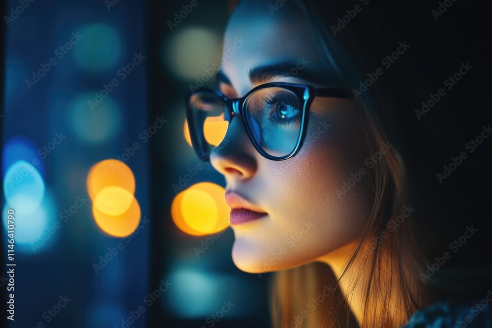 Young woman using a computer at night, focused on the digital screen displaying web pages and software interface design. Young woman using a computer at night, focused on the digital screen displaying web pages and software interface design.