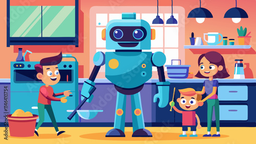 Friendly robot assisting humans with cooking, cleaning, and organizing tasks in a modern home setting