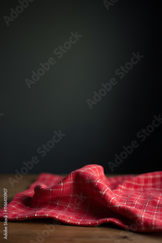 A red checked tablecloth is draped over a wooden surface against a blurred out dark colored background._00003_