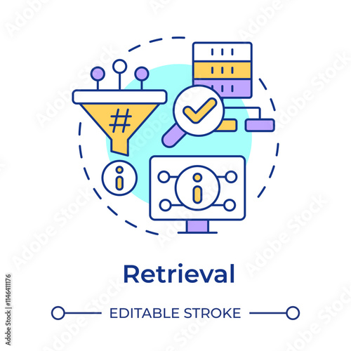 Retrieval multi color concept icon. Accessing stored data algorithm. AI information control. RAG process. Round shape line illustration. Abstract idea. Graphic design. Easy to use in article