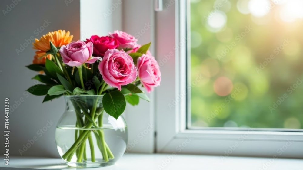 a bouquet of different colors of roses on a windowsill a bouquet of different colors of roses on a windowsill