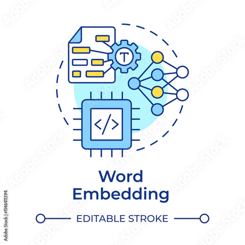 Word embedding multi color concept icon. Capturing semantic relationships in text. Generative AI development. Round shape line illustration. Abstract idea. Graphic design. Easy to use in article