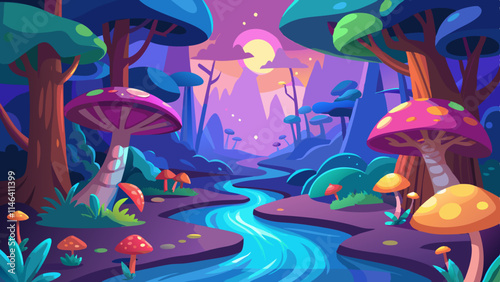 Fairy Tale Forest Scene with Enchanted Creatures, Glowing Mushrooms, and Magical Stream for Children's Stories and Games