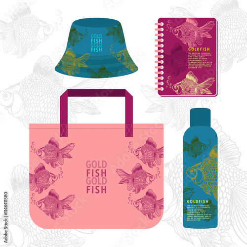 tote-bag-bucket-hat-note-pad-tumbler-gold-fish-design