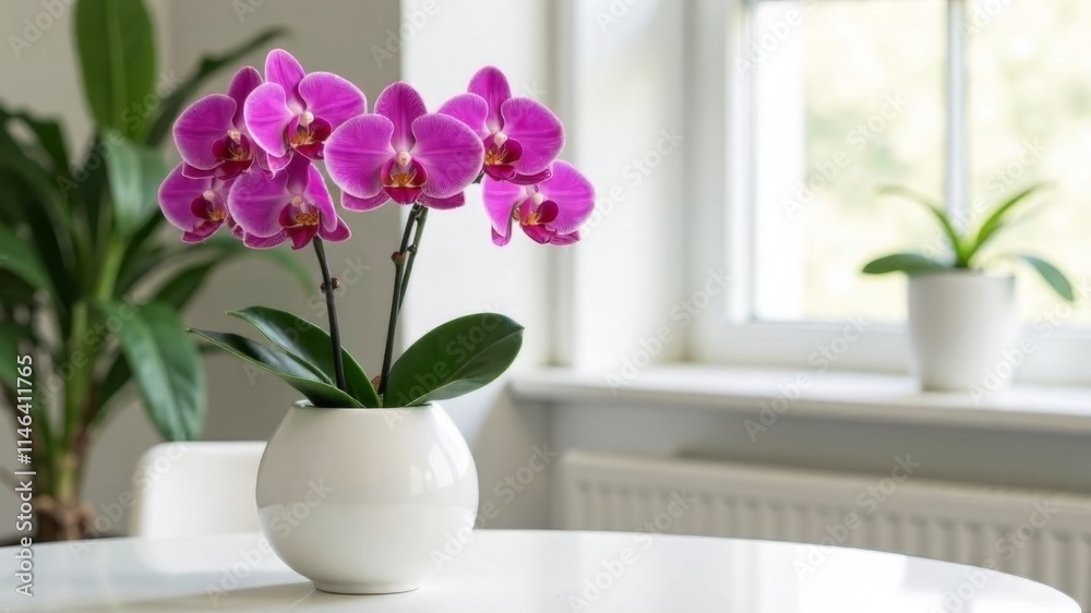 A bouquet of orchids stands in a white vase on a table in the room A bouquet of orchids stands in a white vase on a table in the room