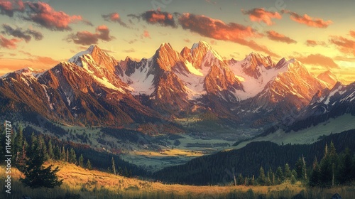 the mountain range, each peak kissed by the golden light as the sun dips low, creating a warm