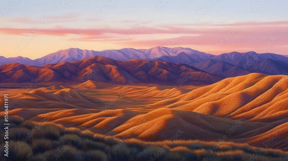 Naklejka premium the mountain peaks to gold, casting long shadows across the valleys, while the sky deepens in warm tones of pink