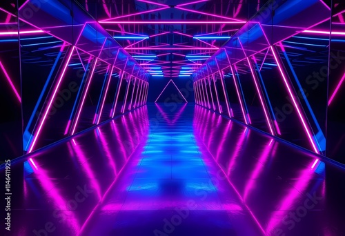 Vibrant pink and blue neon lights in a futuristic tunnel.