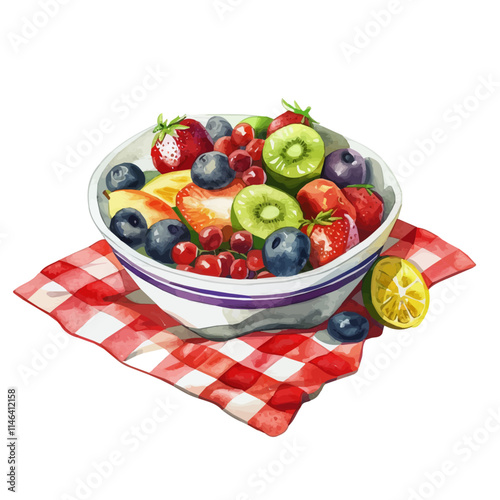 A watercolor vector of a fresh fruit salad on a picnic blanket, isolated on a white background. Fresh fruit salad picnic blanket vector.
