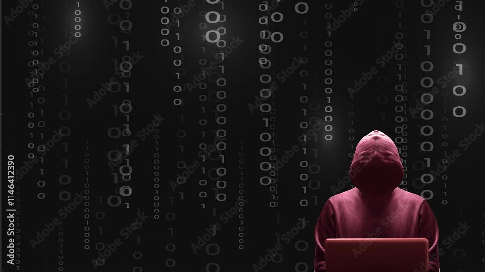 Silhouette rouge décalée sur la droite du cybercriminel devant son écran d'ordinateur portable sur fond de données binaires animées noires
