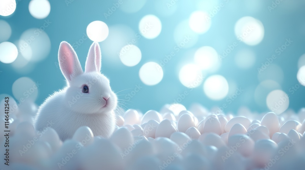 A charming white rabbit rests among colorful eggs in a vibrant field, symbolizing the joy and renewal of the Easter season. A charming white rabbit rests among colorful eggs in a vibrant field, symbolizing the joy and renewal of the Easter season.