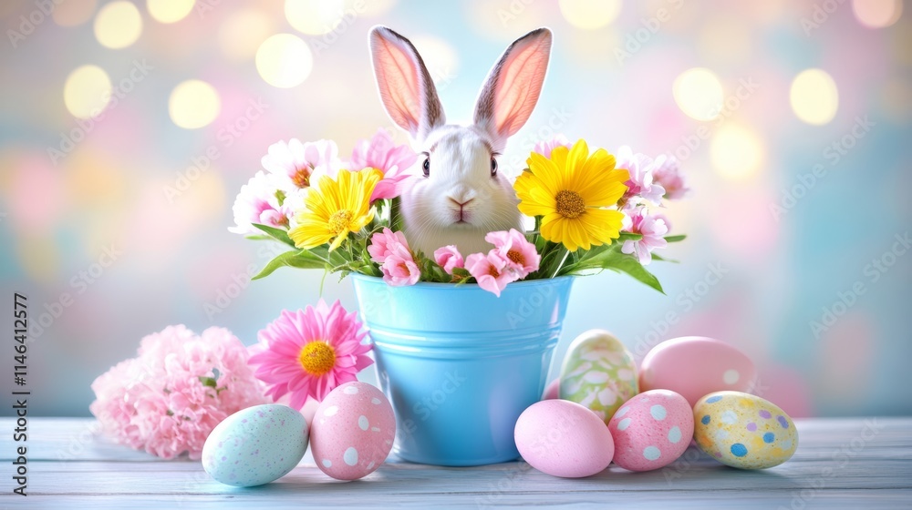 A blue bucket filled with vibrant flowers and a cute bunny, symbolizing the joy and renewal of Easter celebrations. A blue bucket filled with vibrant flowers and a cute bunny, symbolizing the joy and renewal of Easter celebrations.