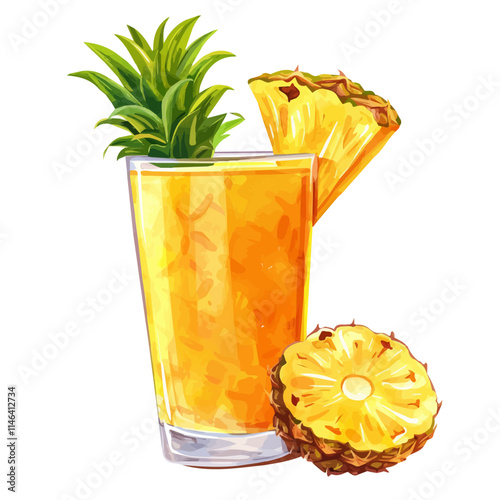 A watercolor vector of a fresh pineapple smoothie in a glass, isolated on a white background. Fresh pineapple smoothie vector.
