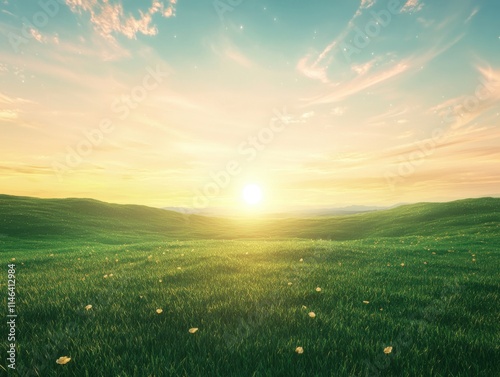 A peaceful landscape with a vibrant green meadow and sun rising over the horizon, symbolizing harmony photo